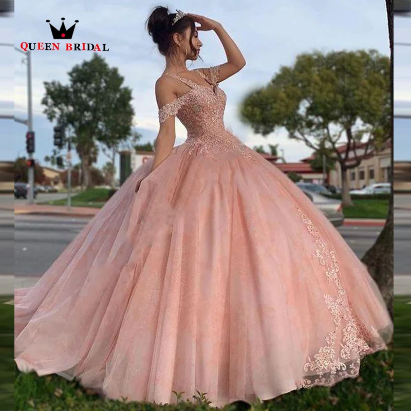 Glitter Pink Quinceanera Dress V-Neck Spaghetti Strap Appliques Lace Cut-Out Beads Sequin For 15 Girls Ball Formal Gowns VF03N