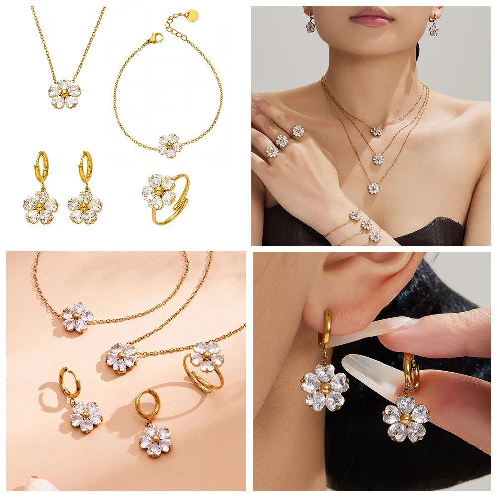 316L Edelstahl Trendiges Fünfblättriges Blumen-Zirkonia Halskette Armband Ring Ohrringe Set Damen Wasserfest Vielseitiger Schmuck – Detail 1