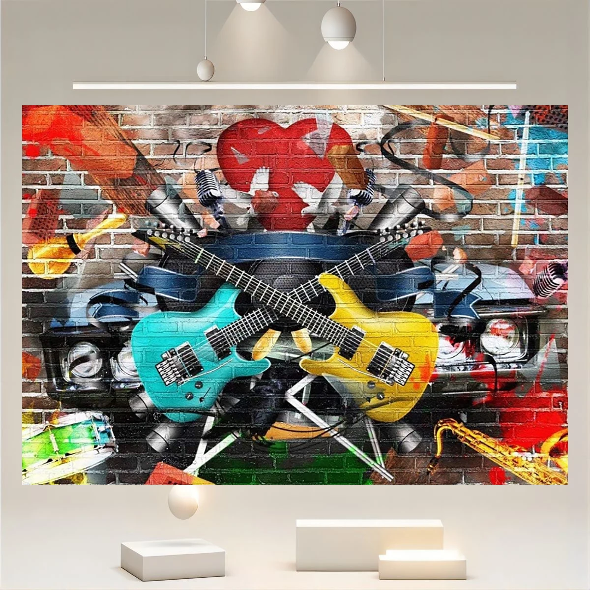 Music Or Die Backdrop Street Wall Graffiti Retro Style Punk Hip-hop Party Painting Photography Guitar Decor Background Banner