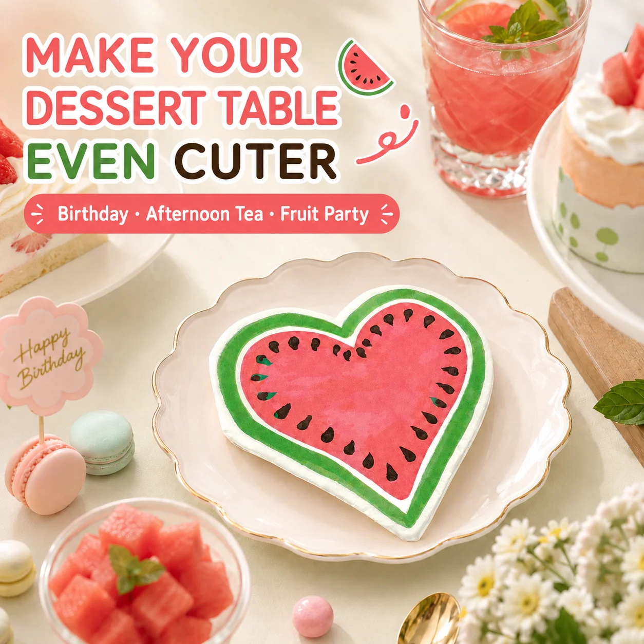 20Pcs Heart Shaped Watermelon Paper Napkins 32x32cm 2-Ply Fruit Party Napkins for Birthday Picnic Tea Table Decoration