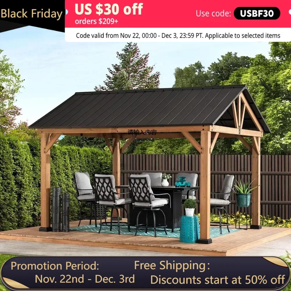 Wood Gazebo 11 x 13 ft. Outdoor Patio Premium Cedar Frame Gazebos with Matte Black Steel Gable Hardtop Roof for Garden, Shade