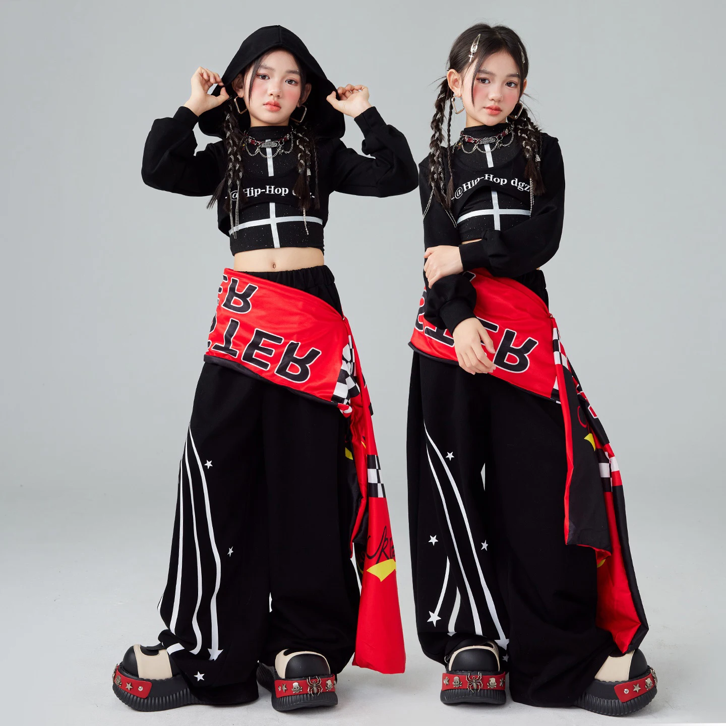 

2025 детская одежда для современных джазовых танцев, топы с капюшоном и пупком для девочек, мешковатые штаны с длинными рукавами, Kpop, костюм для выступлений, модная уличная одежда