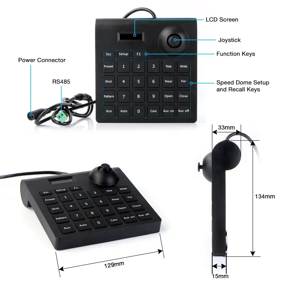 CCTV Mini Analog PTZ Camera Keyboard with 2D Joystick, PTZ Speed Dome Camera Controller with RS485 Input