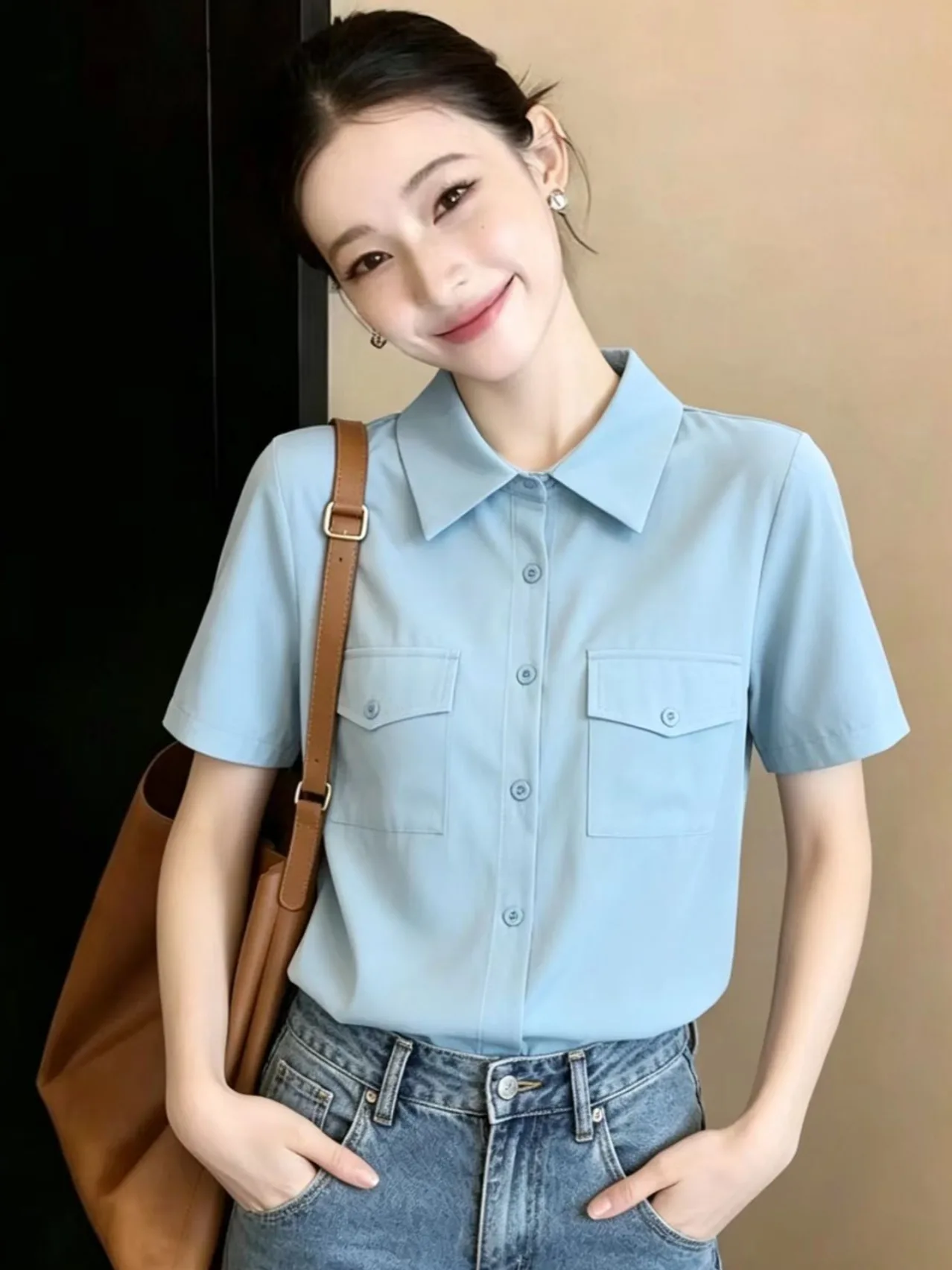 

Minimalist Preppy Style Short Sleeve Shirt Turn-down Collar Single Button Pure Color Summer 2026 Fashionable Commute Top