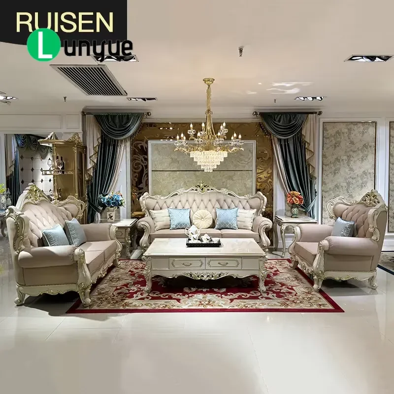 French Leather Sofa Set 123 Custom Wood Carving Luxury Villa Estate Living Room Furniture High End Comfortable Durable
