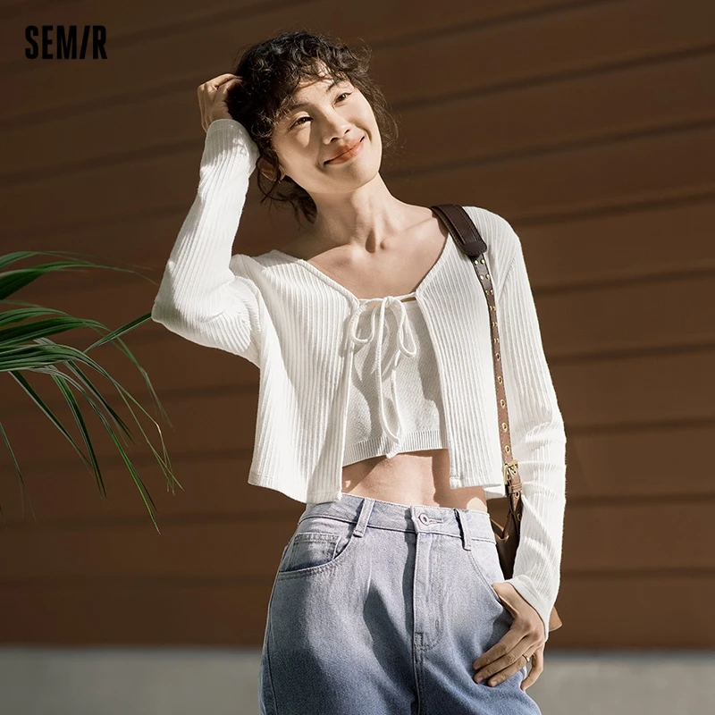 Semir 2024 Long-Sleeved T-Shirt Women Short Bow V-Neck Solid Color 2024 Spring New Hot Tight Textured Knitted Cardigan