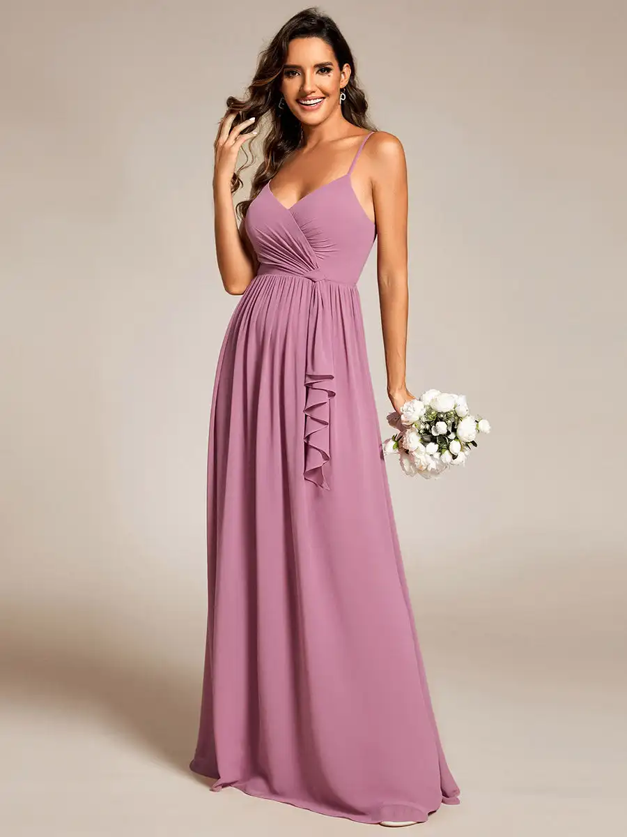 Elegant Evening Dresses Maxi Sleeveless Pleated Lotus Leaf Floor Length 2024 Ever Pretty of Chiffon Orchid Bridesmaid Dress