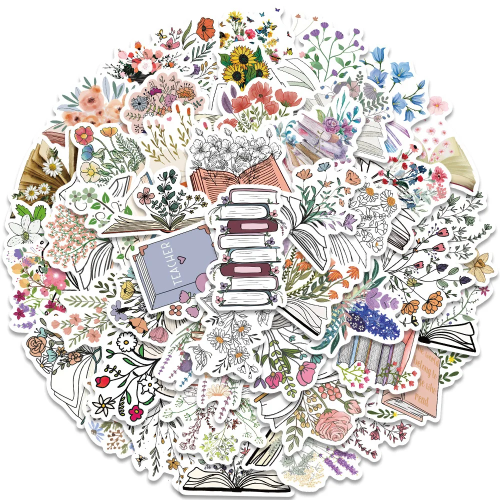 10/30/50pcs Vintag Cartoon Flowers Books Stickers Aesthetic Art Decals for Notebook Guitar Scrapbook DIY Cute Waterproof Sticker