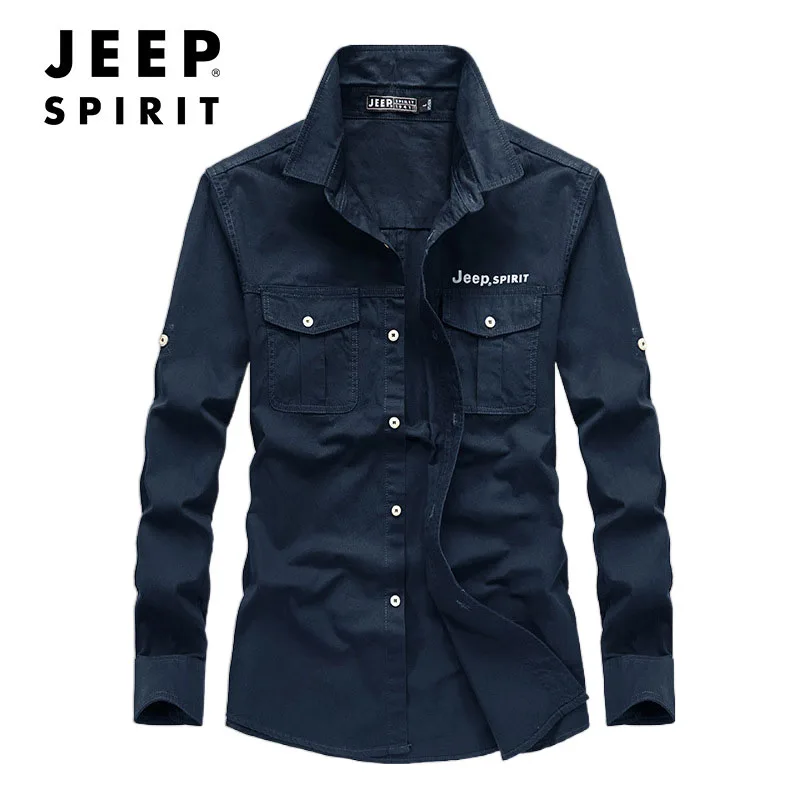 JEEP SPIRIT men casual long-sleeved shirt fashion all-match solid color loose large size youth business square collar simple top