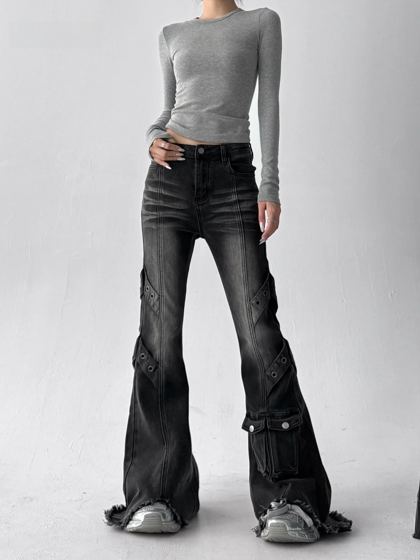 

Классический дизайн, расклешенные брюки с несколькими карманами, женские осенние модные брюки длиной до пола, утягивающие брюки