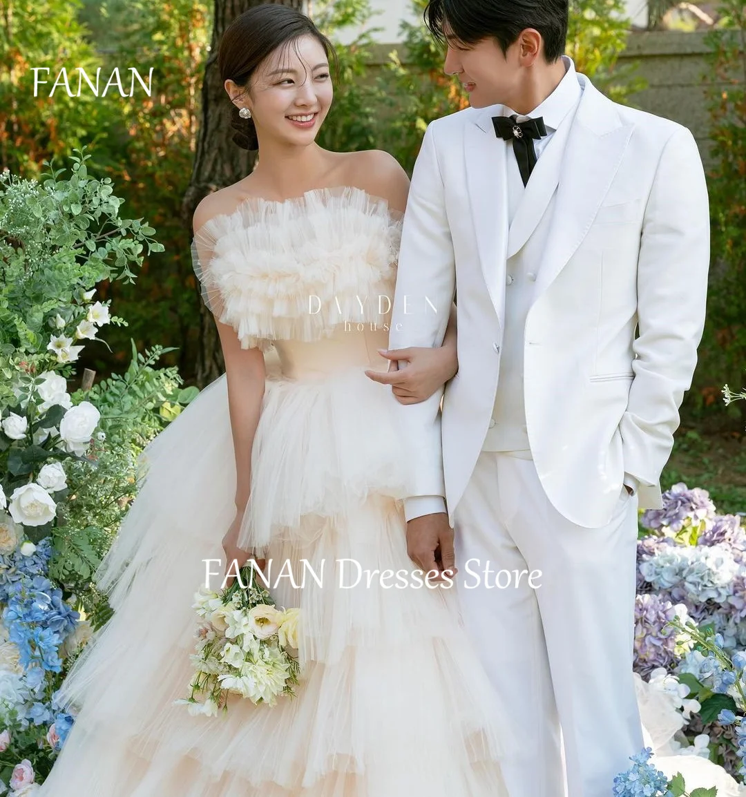 FANAN Korea Off-ShoulderPrincess Sleeveless Tiered Wedding Dresses 웨딩드레스 Ivory Tulle Ruffles Custom Made Bride Gowns Plus Sizell