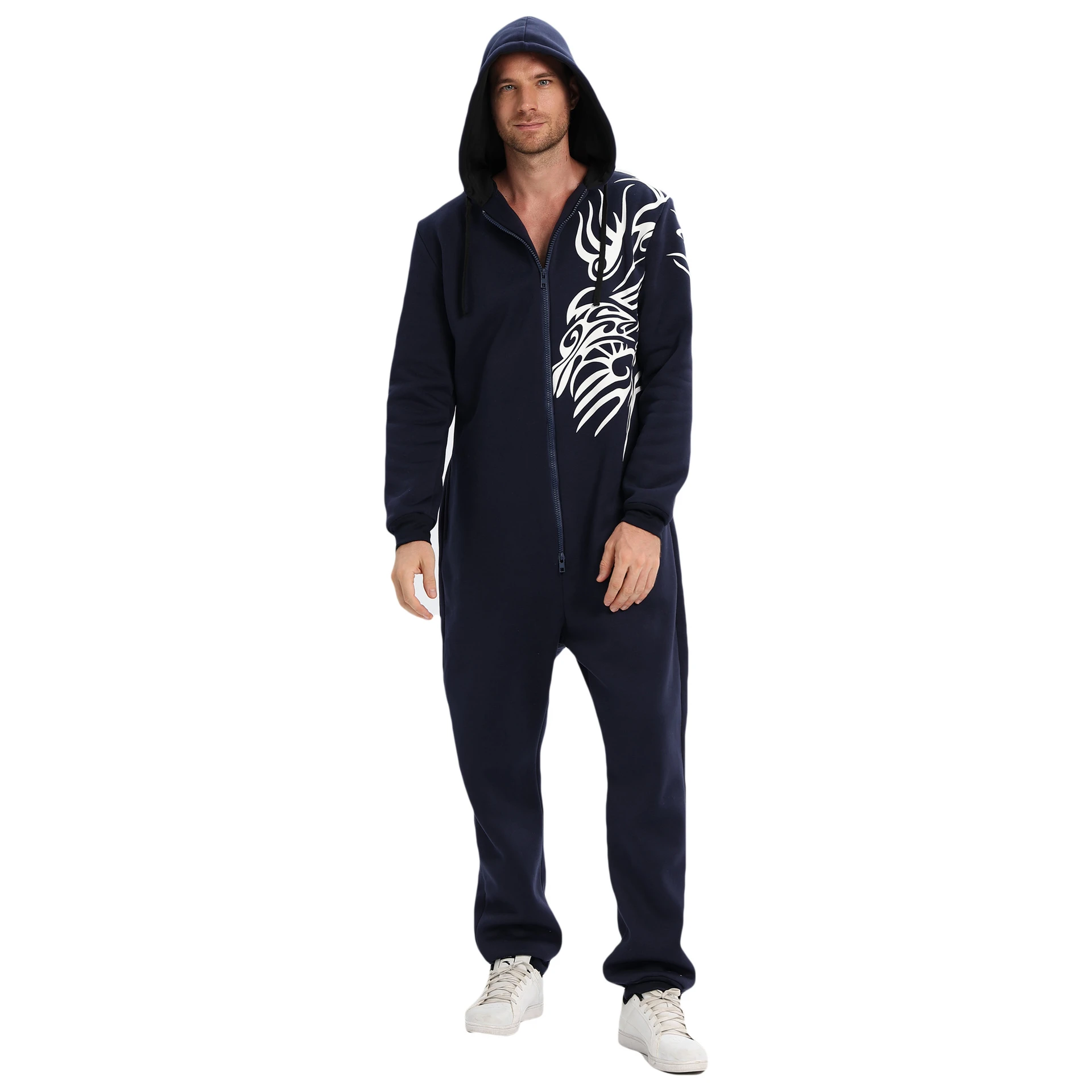 Autumn Winter Warm Men's One Piece Pajama Hoodies Overalls Male Print Onesies Zipper Jumpsuit Long Sleeve Male Fancy Clothes