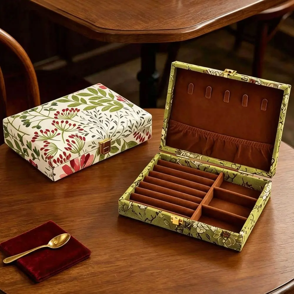 Retro Wooden Jewelry Box Embroidered Floral Vintage Jewelry Case Large Capacity Luxury Multi Compartment Jewelry Holder Earring