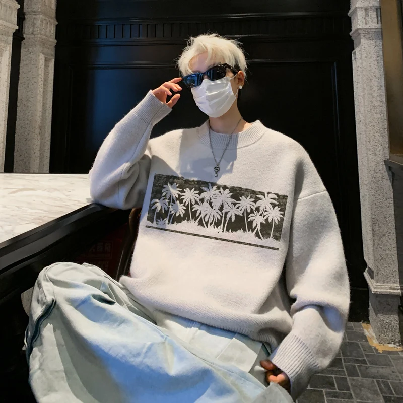 

Men's Oversized Sweaters Autumn White Knitted Sweater Fashion Picture Tree Print Casual Wear for Man Knit Pulloves Men Clothes