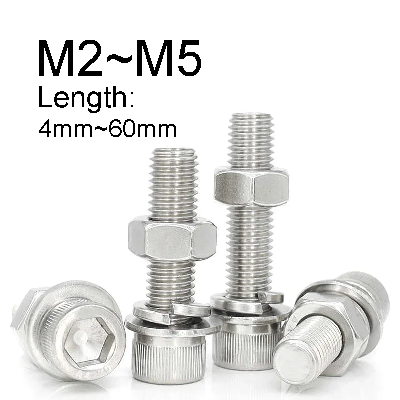 10PCS Cup Head Hex Socket Head Cap Set Screw 316 Stainless Steel M2 M2.5 M3 M4 M5 with Nut Flat/Spring Washer Bolt Combination