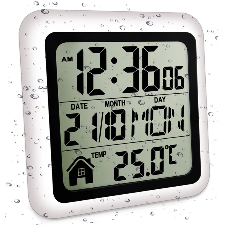 Large Waterproof Bathroom Wall Clock, For Bath Countertop, Moisture Proof Temperature Humidity Meter,Suction Clock Watch