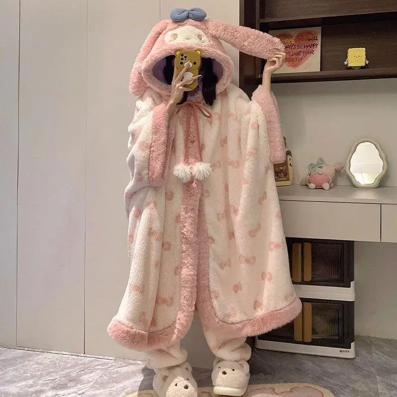 

Sanrio My Melody Cape Style Pajamas Set Coral Fleece Girls Homewear Autumn Winter New Style Fleece Lined Thickened Soft Cute