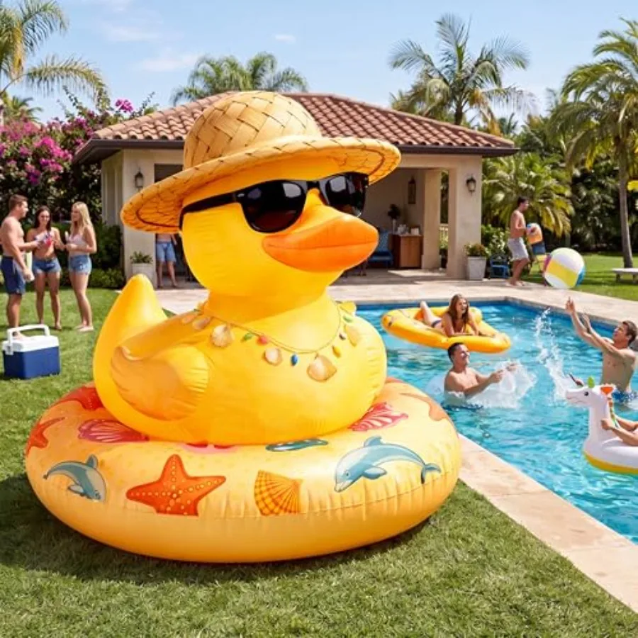Summer pool and beach party inflatable duck decoration: yellow PVC duck with built-in LED lights, sun hat and sunglasses, for i