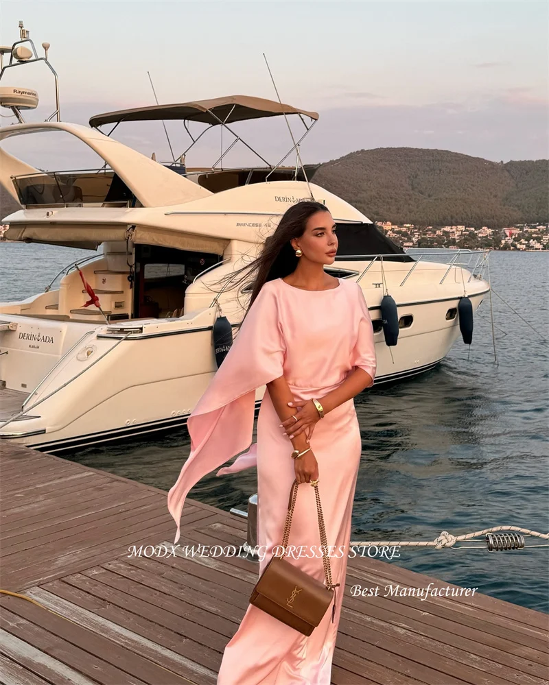 

MODX Simple Pink Silk Evening Dresses Arabic Dubai Women Wedding Party Dress Half Sleeves O-Neck Beach Formal Occasion Gowns