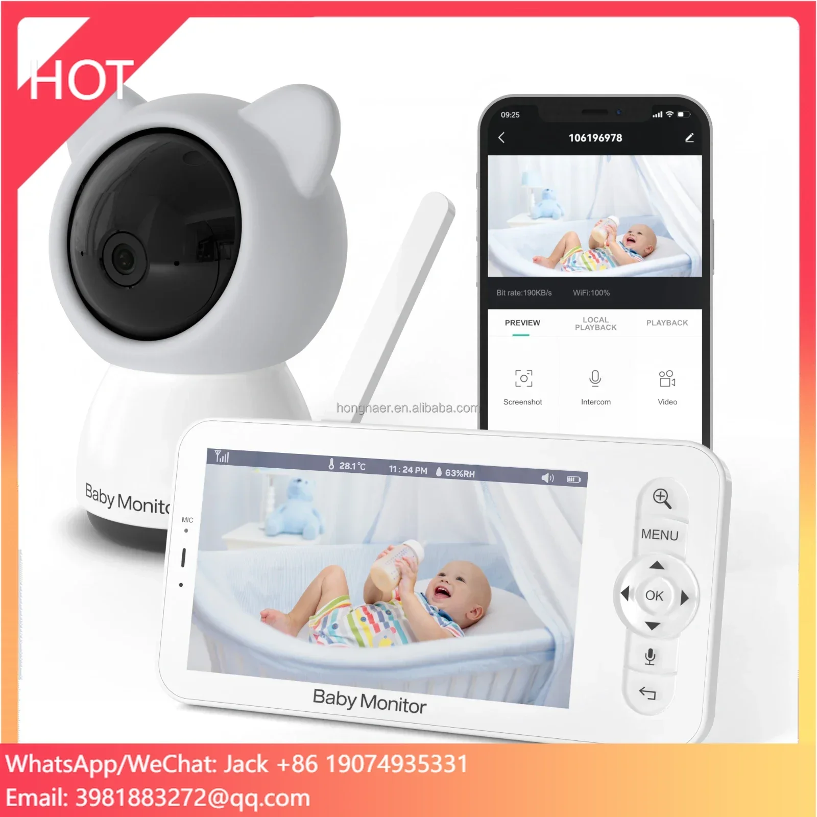 Hongnaer Home داخلي الطفل الصوت 5 بوصة شاشة LCD كاميرا متحركة CloudEdge 1080P اللاسلكية 2.4G واي فاي فيديو الذكية الطفل
