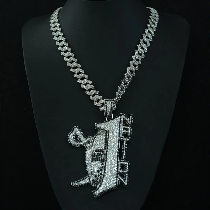 Hip Hop Cuban Chain With Alloy Pirate Skull No 1 Letter Pendant Pave White Black Crystal Necklace For Men Choker Punk Jewelry