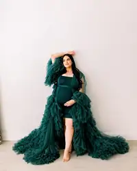 Vestido de maternidad verde oscuro para Sesión de fotos, Kimono de tul de malla hinchada, mangas completas para embarazadas, vestido de graduación hecho a medida con cinturón