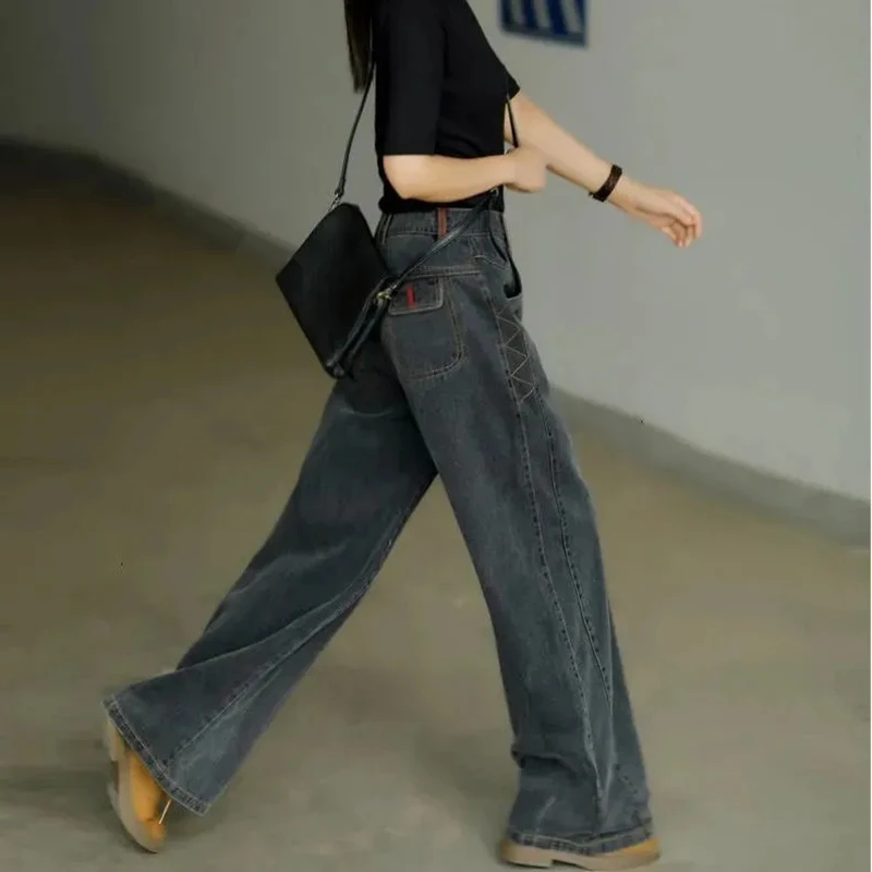 Duży rozmiar 28-36 Wysoka talia Czarne dżinsy z szeroką nogawką Luźne koreańskie modne spodnie jeansowe Casual Baggy Straight Vaqueros Women Streetwear