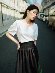 DUSHU Summer Unique Design Elegant Casual Versatile Women White T-Shirt 2024 New Drop Collar Exquisite Top For Female 24DS82350