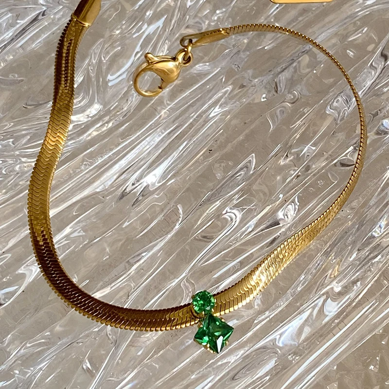 Green rhombus cz stone herringbone chain bracelet for women stainless steel dainty bracelet minimalist dainty jewelry