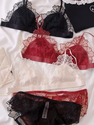 MOYISU French Embroidery Mesh Red Lace Sexy Back Bra Without Steel Ring Triangle Cup Big Chest Small Underwear Set Bra Set