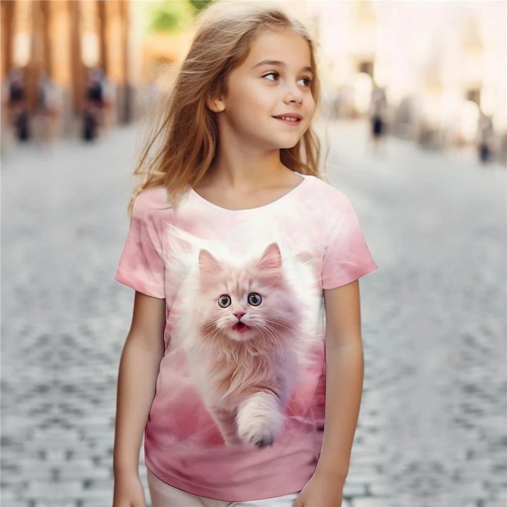 2025 Cute Animal Cat 3d Print T Shirt For Girls Cartoon Girl T Shirts Kids Gift Tee Short Sleeve Casual Top Children's Clothing