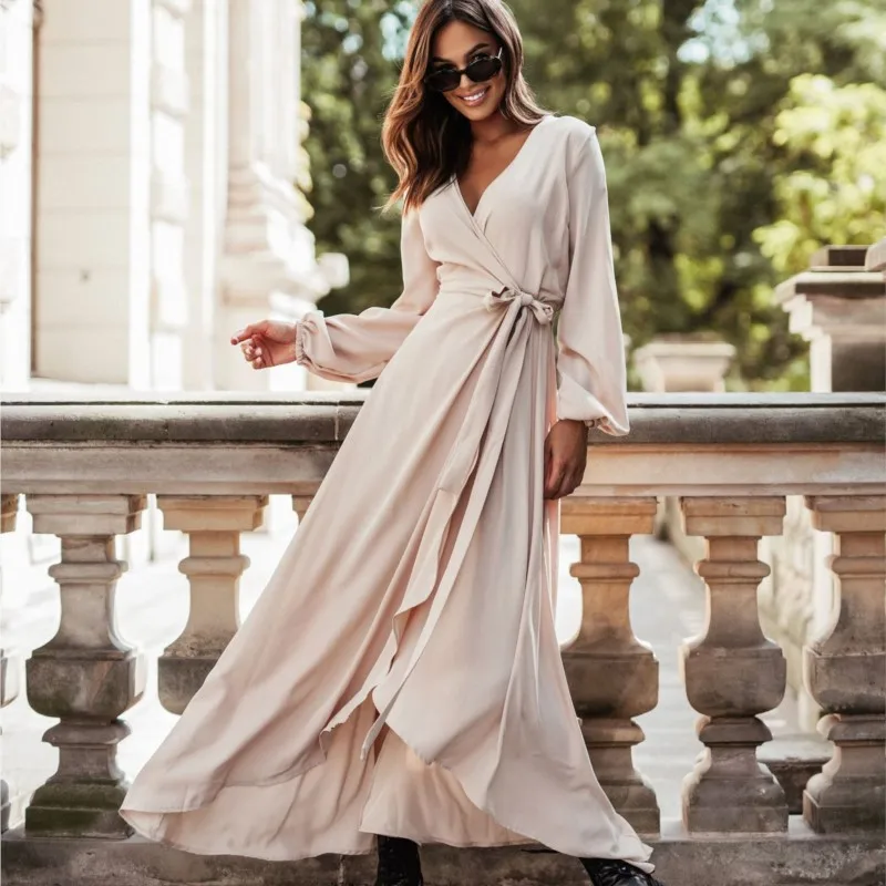 Women's Dress Elegant Commuting Solid V-neck Overlapping Tie Details High Waist Lantern Long Sleeved A-line Split Maxi Dress