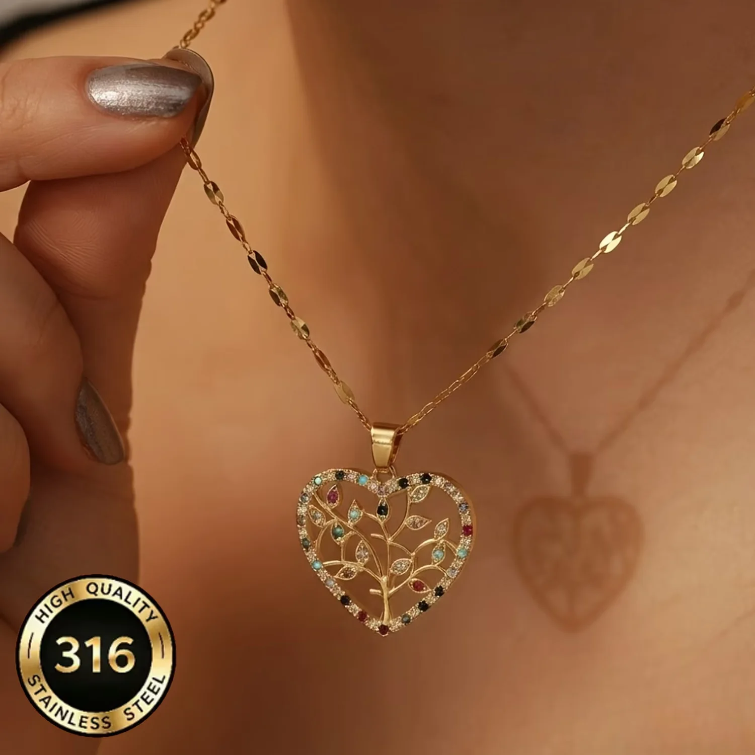 316LStainless Steel Heart Life Tree Necklace with Hollow Colorful Cubic Zirconia Pendant Delicate Light Luxury Jewelry for Women