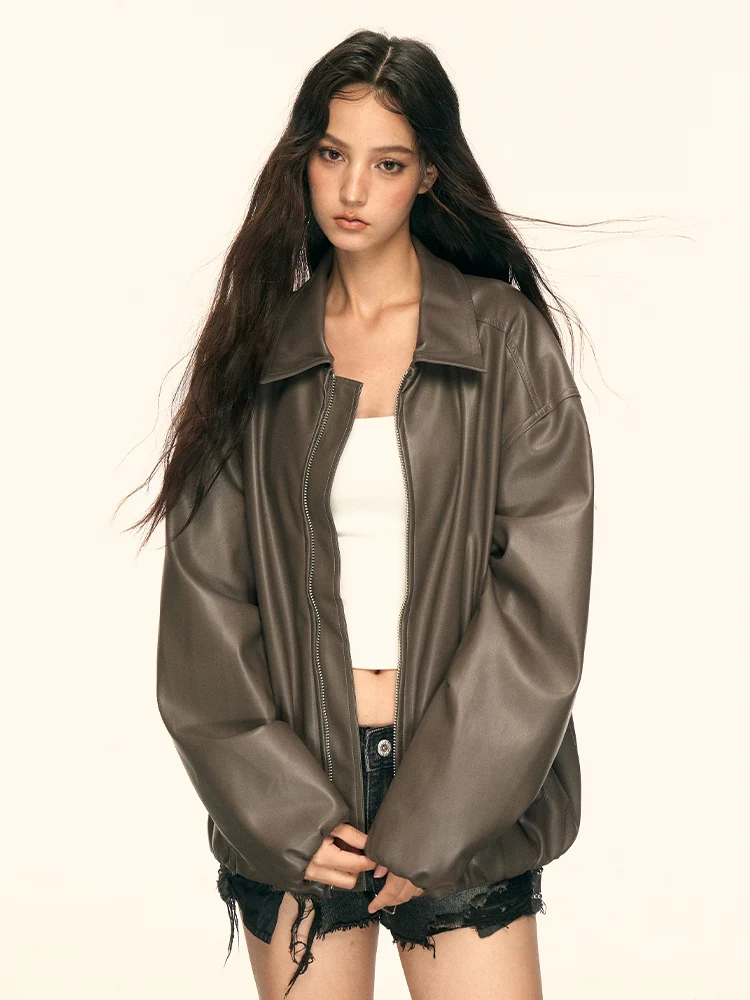 Aaisup Women's Brown Leather Jaet Street Sle Spring Autumn New Faion Workwear Versatile Long Sve Zipper ket Coat