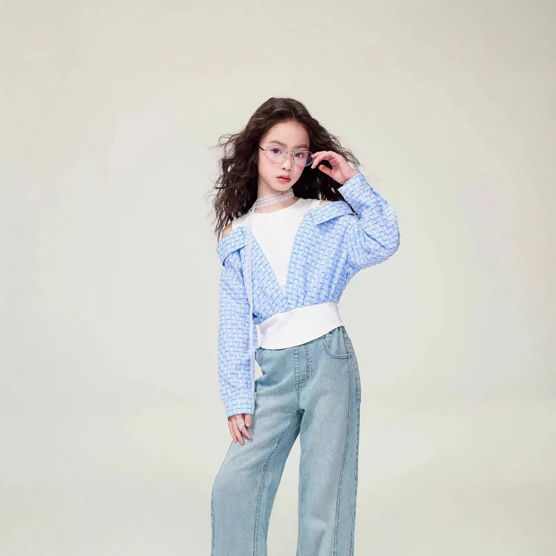 

2026Spring and summer new fashion plaid off-shoulder faux two-piece top for girls and older children+Denim wide-leg pants set