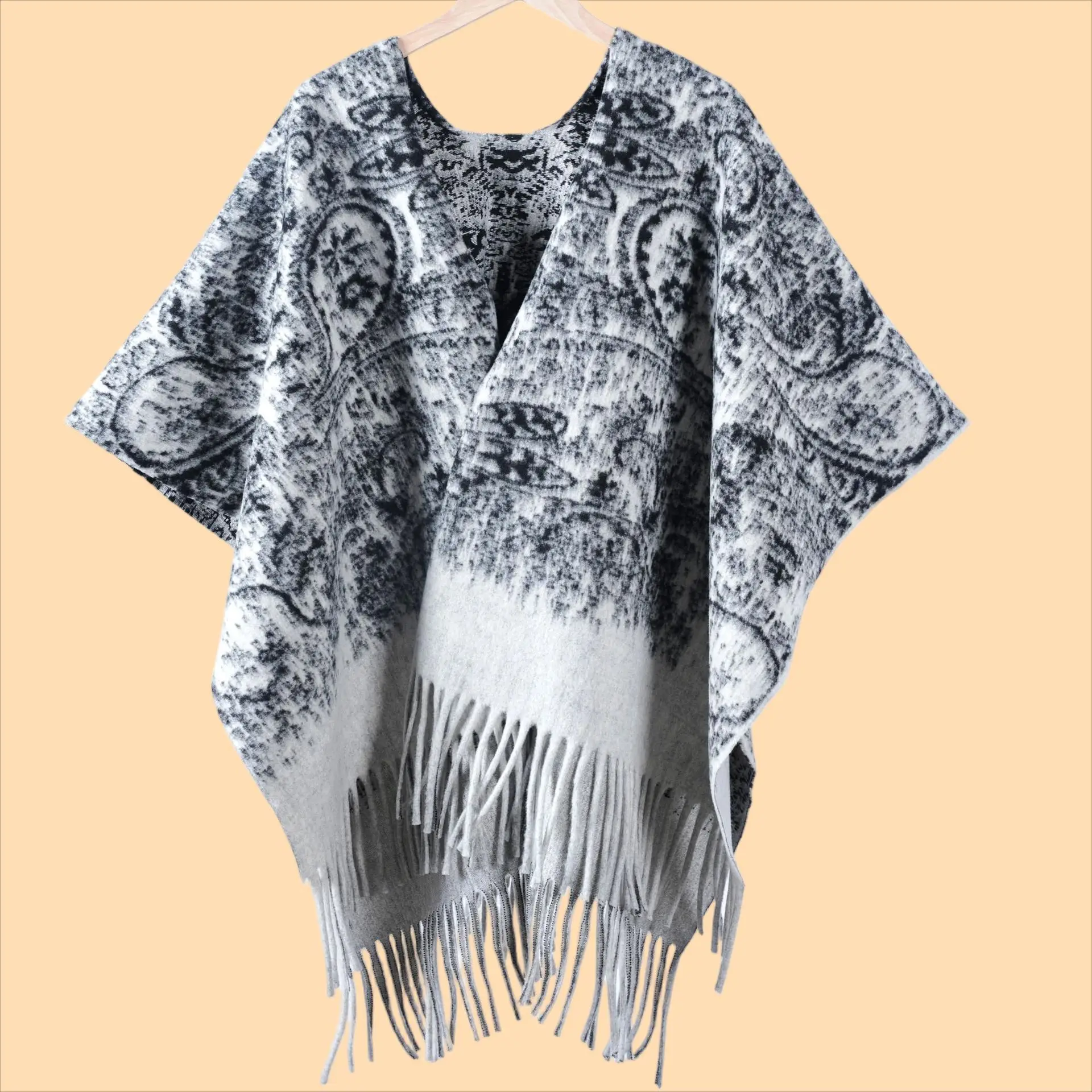 Autumn and winter women's double-sided thickened printed shawl cape, retro cashew flower tassel slit travel warm cape