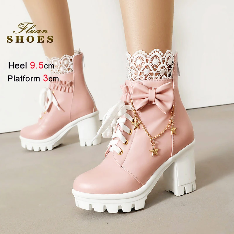 

2026 New Pink Bowknot Platform Boots With Lace 9.5CM Chunky High Heel Goth Autumn Winter Ankle Booties Mujer Women Lolita Shoes