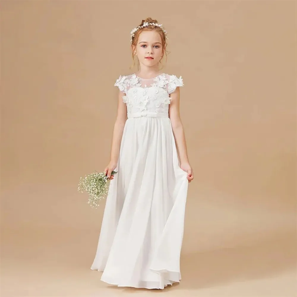 

Customized Flower Girl Dresses Off Appliques Pearls Bow Belt Wedding Cute Flower Child First Communion Birthday Party Dress