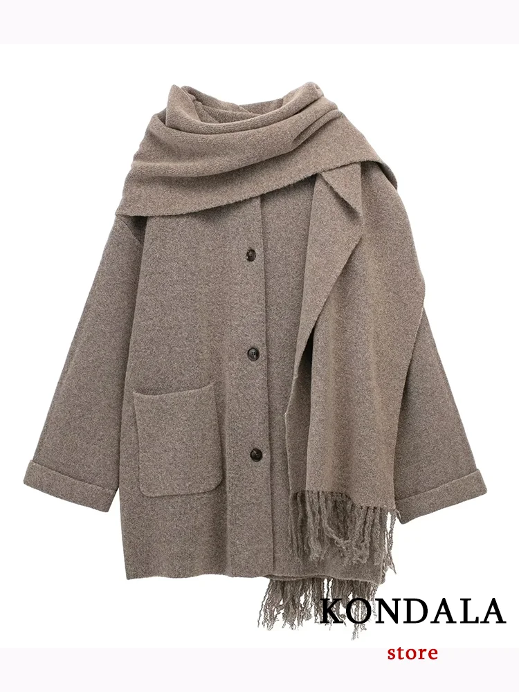 KONDALA Casual Vintage Chic Women Overcoat Solid Scarf Collar Pockets Single Breasted Loose Coat Fashion 2024 Autumn Winter Coat