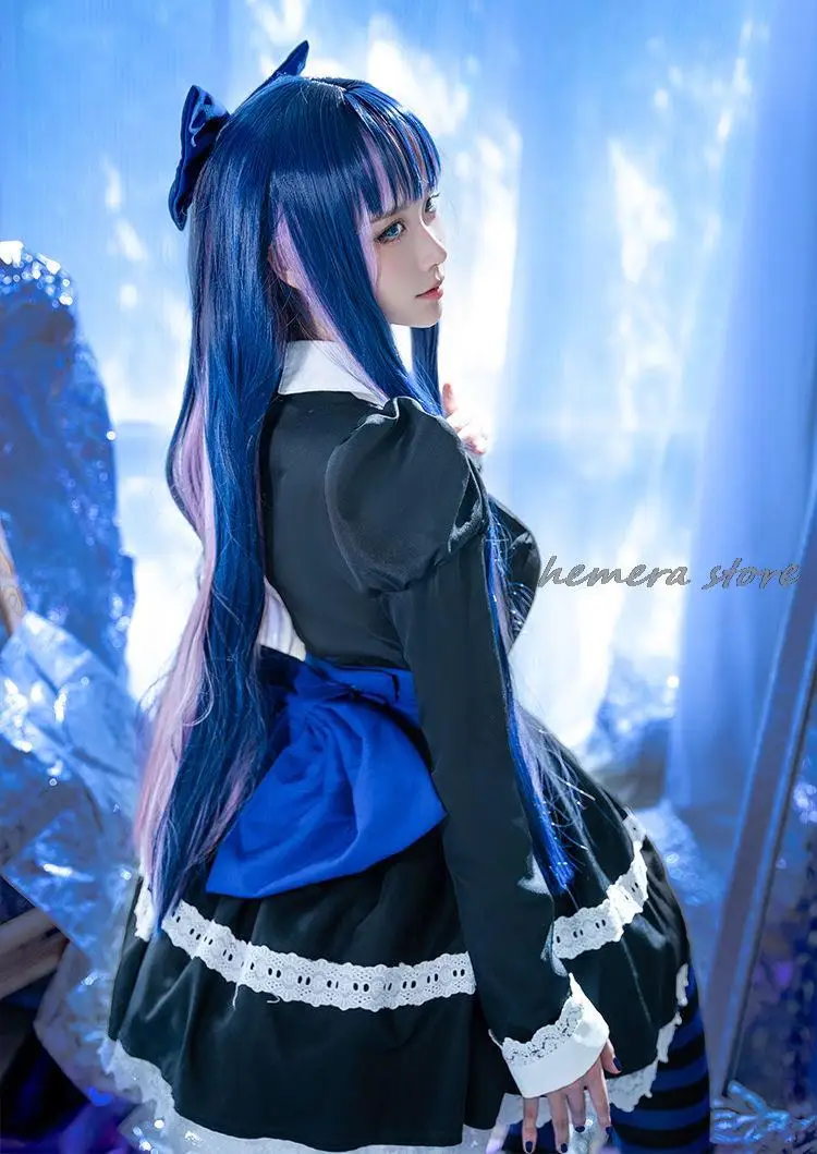 Panty & Stocking With Garterbelt Stocking Anarchy Cosplay Costume Black Dress Uniform Long Wig Bow Tie Hairpin Striped Stockings