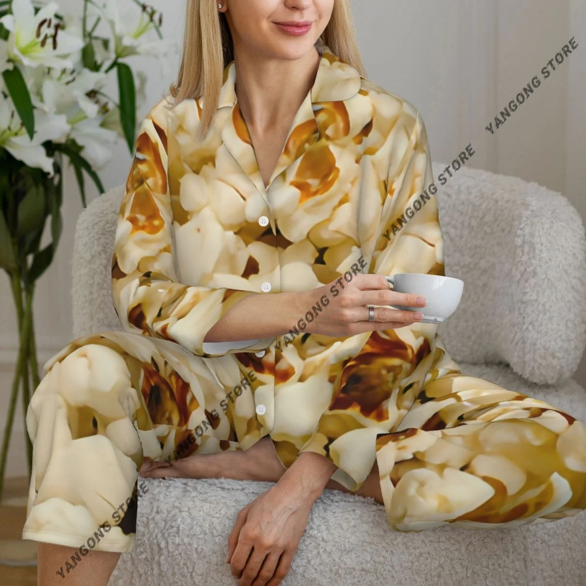 

Spring and Autumn Pajama Set Women's Long Sleeve Pants Two Piece Popcorn Background Home Furnishing Set