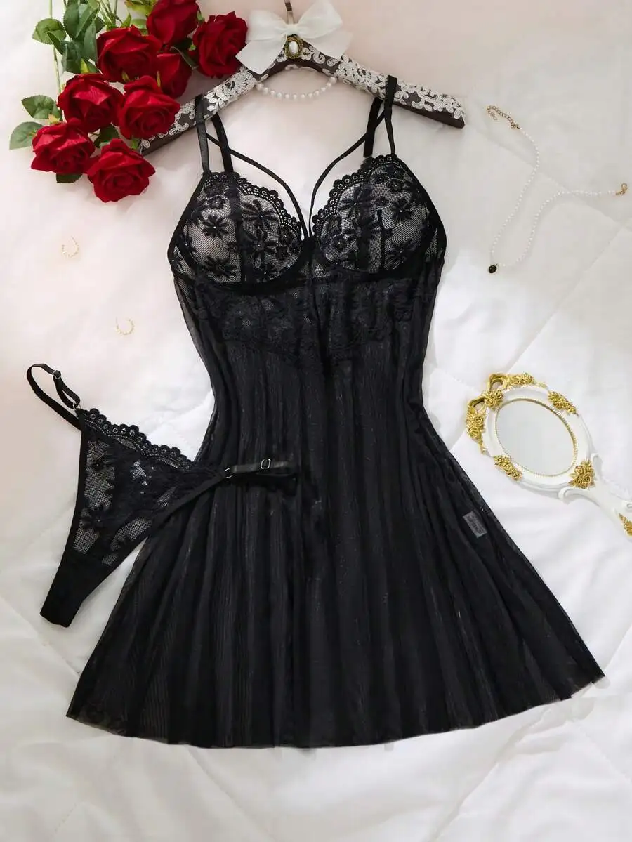 

Black Lace Floral Two-Piece Set: Sheer Nightgown with Matching Thong, Elegant Sleepwear for Evening Wear