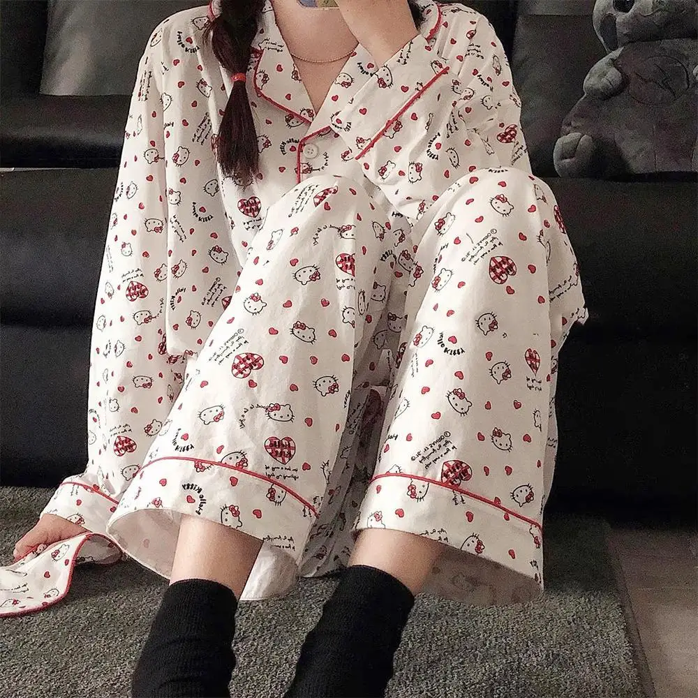 Lindo traje de pijama femenino de 2 uds Hello Kitty dibujos animados Anime Kawaii mujeres primavera otoño Tops pantalones ropa de descanso ropa de casa dulce niñas