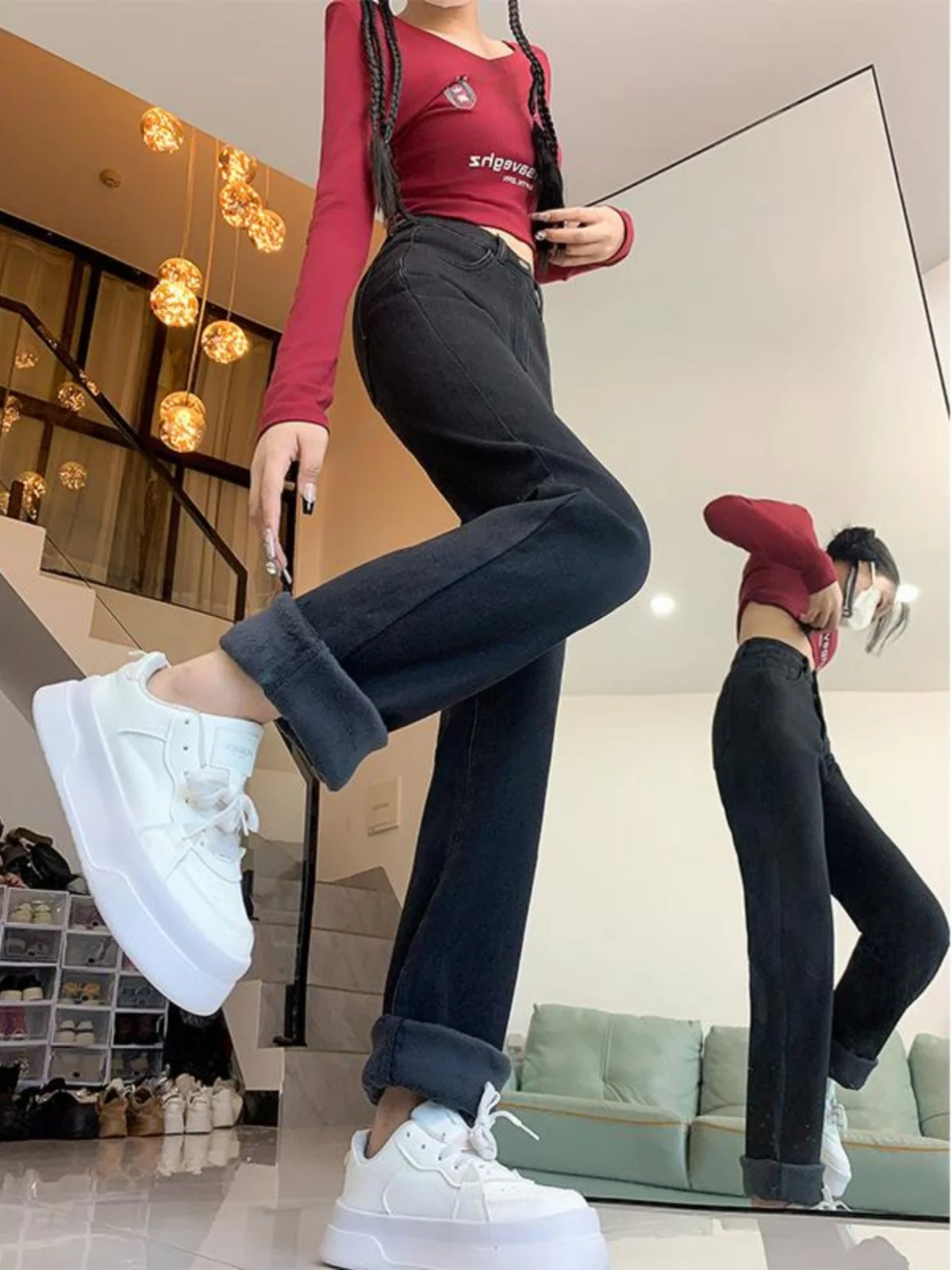 プラスサイズ Fce 裏地付きストレートレッグジーンズ レディース ハイウエスト スリムフィット パンツ 秋の新作 スレ コットンストレッチデニム