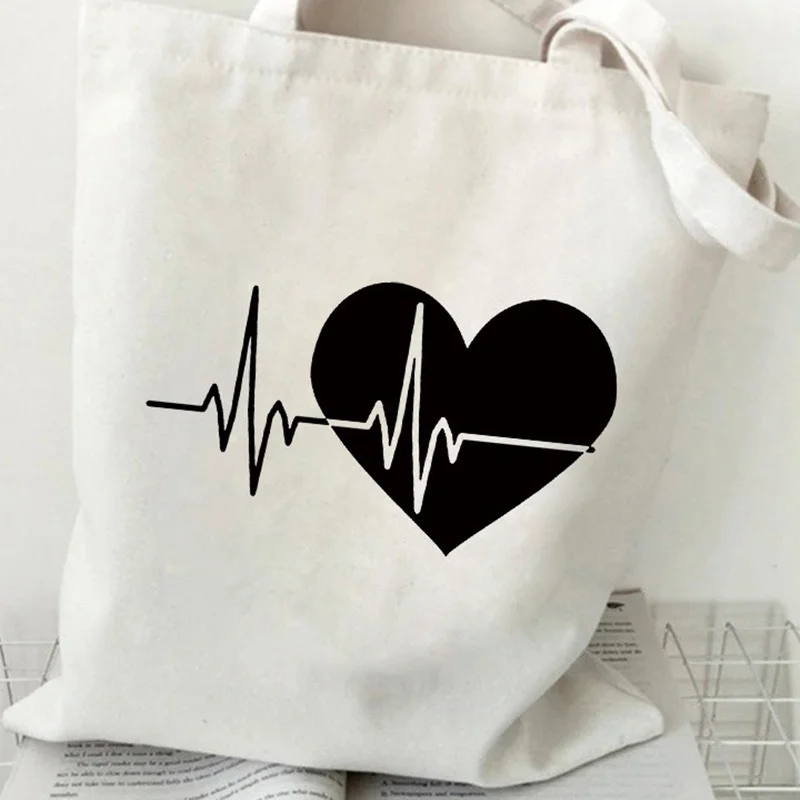 Heartbeat Black Heart Canvas Tote Bag Minimalist ECG Print Shoulder Bag Reusable Eco Friendly Tote for Nurses Doctors