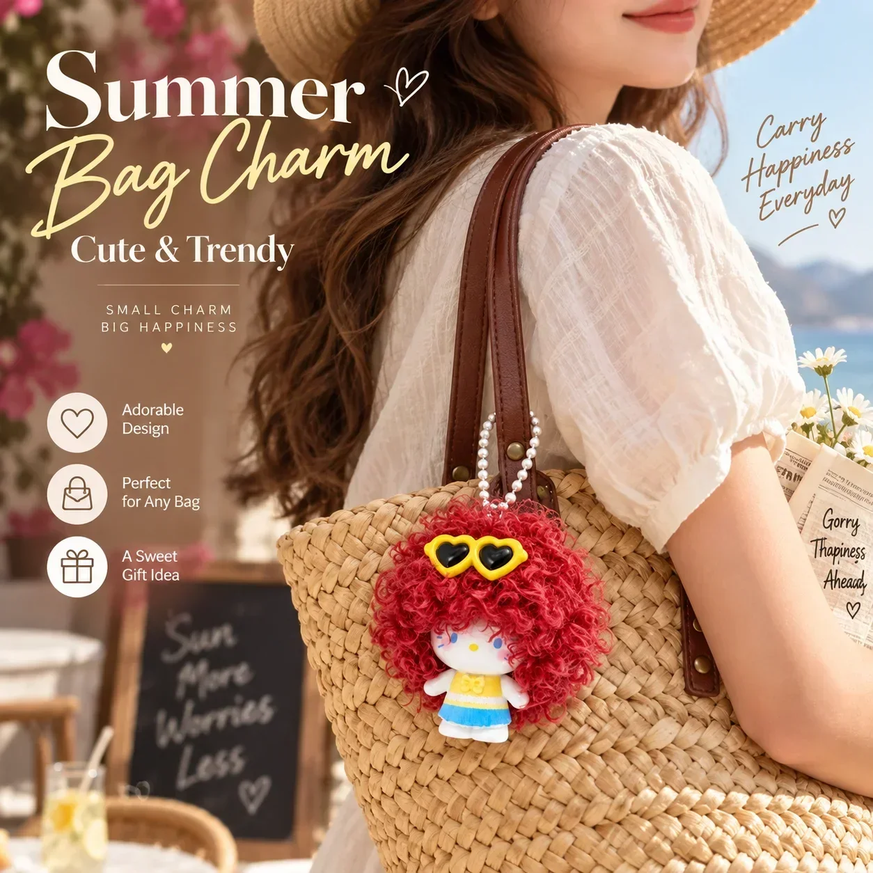 New Cute Curly Cat Plush Keychain, Summer Backpack Keyring Pendant, Versatile Bag Charm