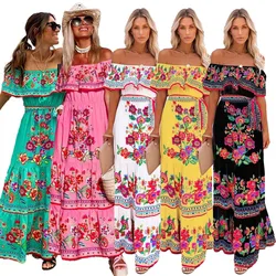 Mexican Traditional Ethnic Mexican Cinco De Mayo Summer Floral Print Off Shoulder Women Mexican Dress