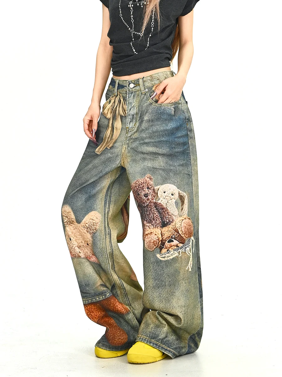 

Bear Print Loose Women's Jeans Summer New Sle Draped Wide Leg Pants Retro Bf Sle Comfortable Fit Casual Trousers