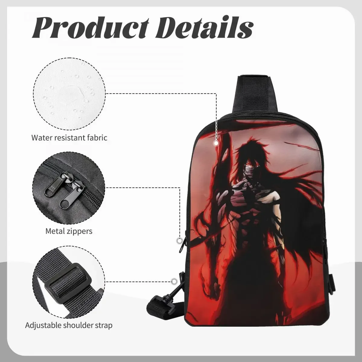 Anime BLEACH Kurosaki Ichigo Crossbody Sling Backpack Shoulder Sling Chest Bag Adjustable Travel Hiking Daypack Outdoor