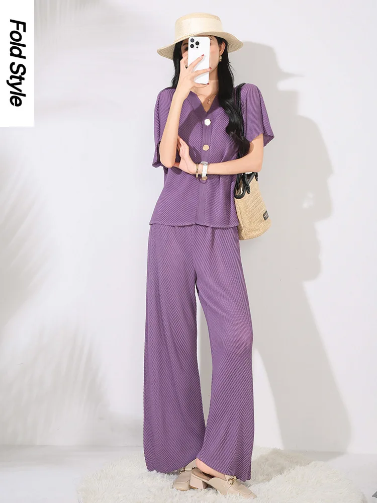 

Miyake плиссированный повседневный топ, летняя новая версия «рыбья чешуя», футболка с короткими рукавами, женские свободные дизайнерские прямые брюки, комплект из двух предметов